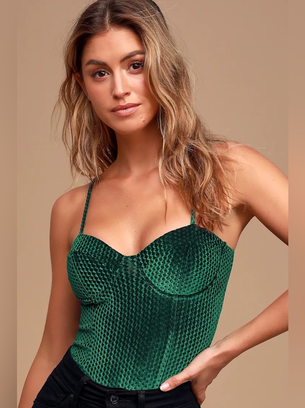 Lulu's Flirty Feelings Emerald Green Velvet Bustier Bodysuit